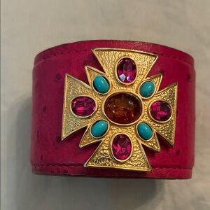 Pink ostrich leather cuff Bracelet with Gold and Gemstone Accents